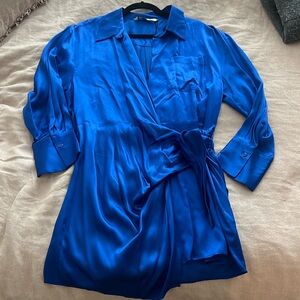 Zara Royal blue v neck wrap around short dress long sleeve